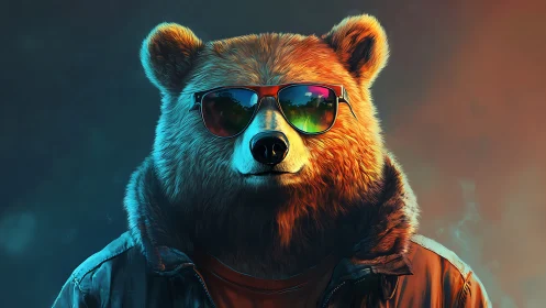 Anthropomorphic bear portrait uses neon rim lighting and glossy shaders