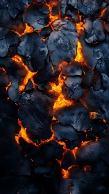 Lava flows through charred volcanic rock, burning at extreme temperatures.