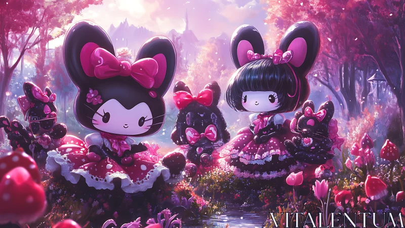 Cartoon rabbit characters in pink forest clearing scene.