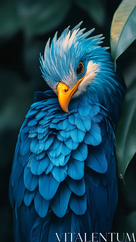 Vibrant blue parrot preens feathers against dark foliage