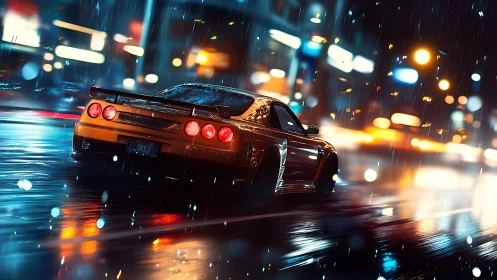 Neon-soaked sports car in dynamic rainy night streetscape.