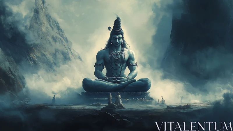 Serene mountain god in deep meditation amid drifting mist.