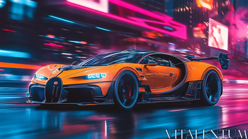 Orange hypercar moves through neon city street at night