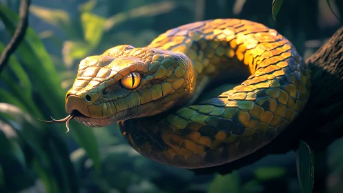 Coiled yellow-green snake rests on branch in soft sunlight