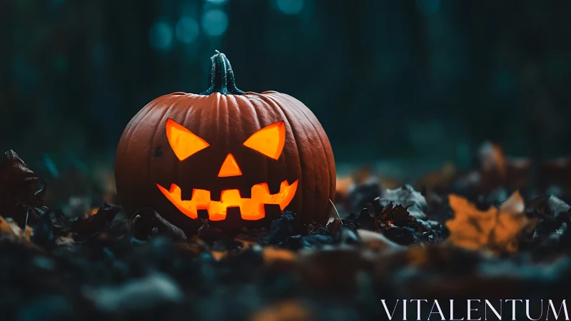 Low-angle jack-o’-lantern with internal glow in shallow depth-of-field