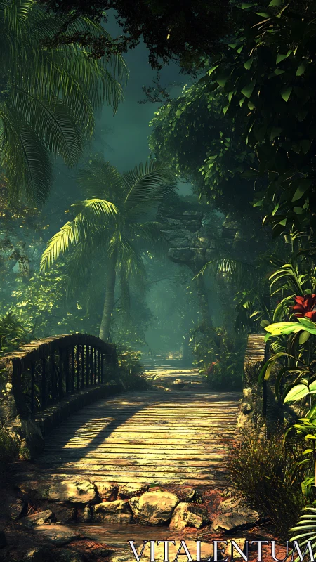 Sunlit jungle bridge invites footsteps into emerald hush