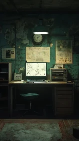 Retro technical workstation in dimly lit decaying basement
