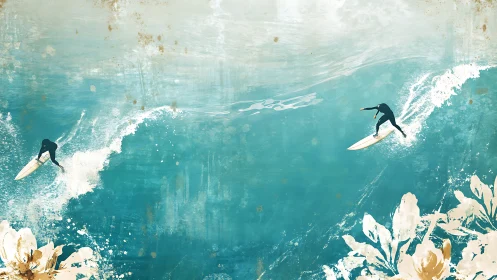 Two surfers ride turquoise waves with floral overlay below