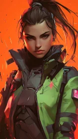 Cyberpunk operative portrait in tactical green armor, orange field