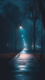 Quiet midnight park path glows softly under misty streetlights