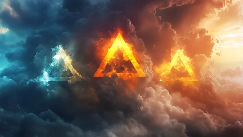 Triangular elemental portals ignite storm-split skyscape.