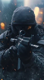 Tactical sniper aims rifle through rain and sparks in city.