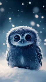 Tiny snow-dusted owl under softly falling winter magic.