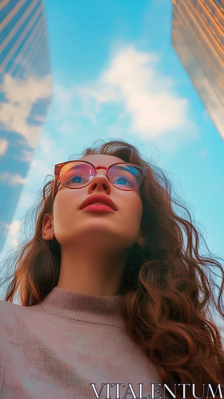 Young woman gazes upward between city towers at sunset