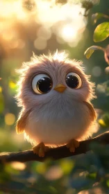 Fluffy baby bird watches forest sunrise from branch perch