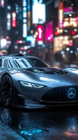 Futuristic silver supercar glides through neon-lit wet city street