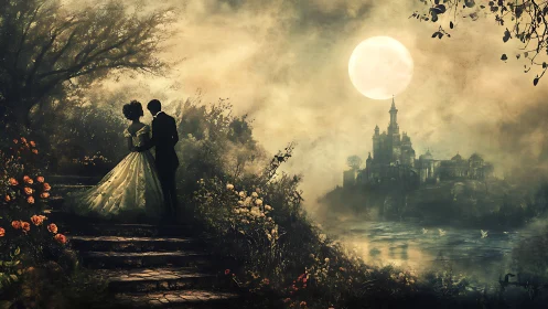 Bride and groom under moonlight face enchanted castle.
