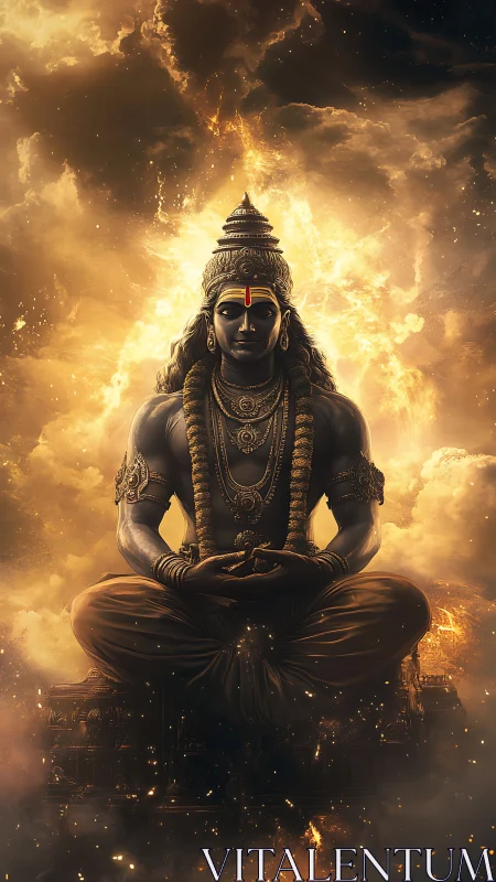 Seated meditative deity figure framed by luminous clouds.