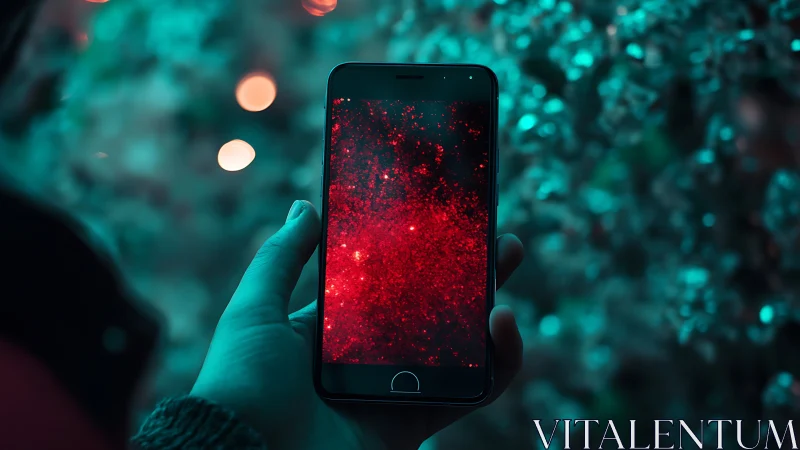Handheld smartphone reveals vivid red nebula against teal bokeh