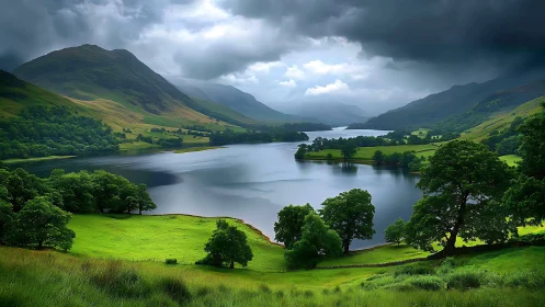 Storm-kissed valley lake whispers under brooding emerald hills