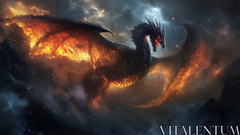Fiery winged dragon over volcanic landscape at night.