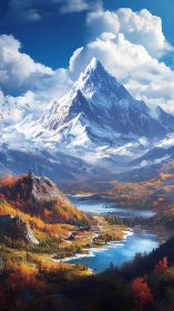 Snowcrowned titan above autumn river’s winding ribbon.