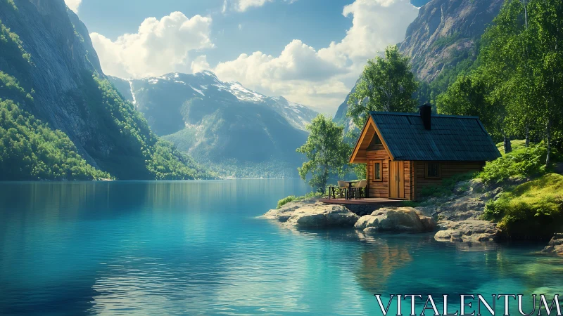 Lakeside timber cabin beside turquoise fjord under alpine light.