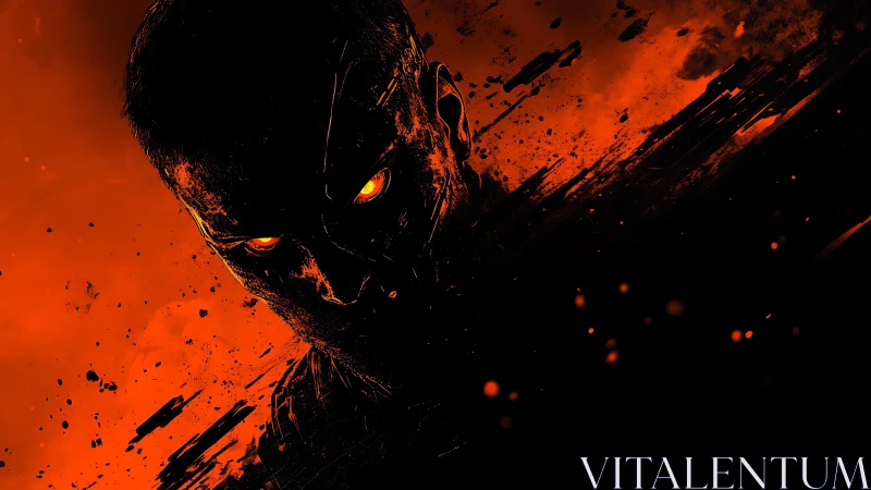 Shadowed figure emerging from swirling molten darkness.