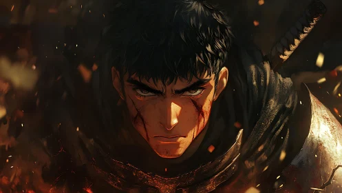 Battle-hardened swordsman emerging through flying embers.