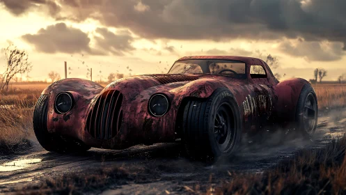 Rust-scarred red coupe powers through stormy dirt road.