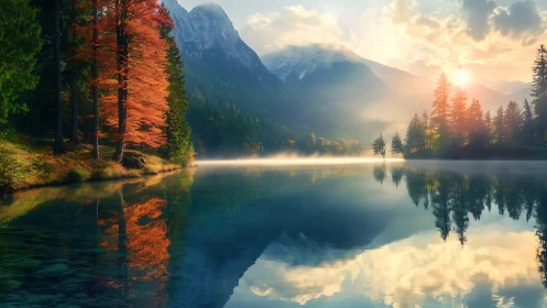 Autumn forest and mountains mirrored on calm lake surface.