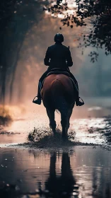 Rider crossing forest puddle at dawn in soft backlight.