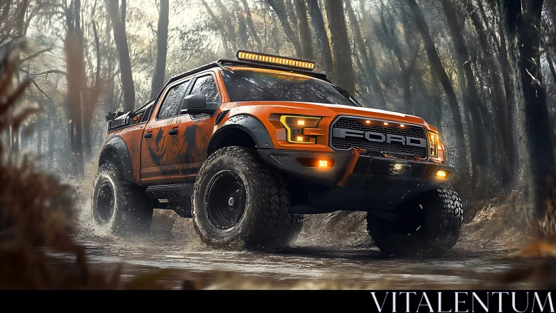 Orange off-road pickup truck crossing muddy forest trail.