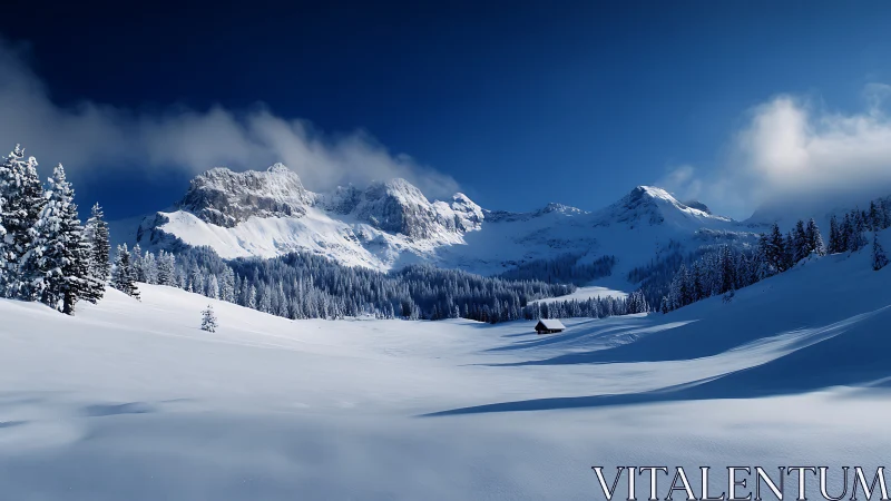 Snowbound alpine valley beneath rugged winter mountains.