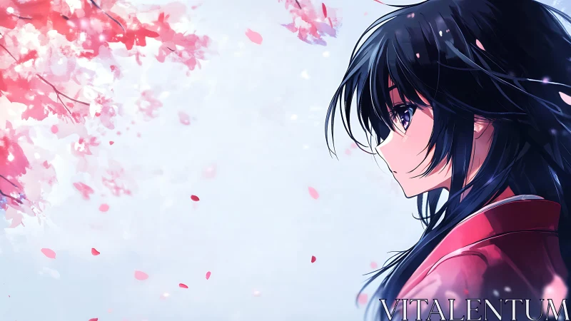 Side-profile anime girl under soft-focus drifting sakura petals