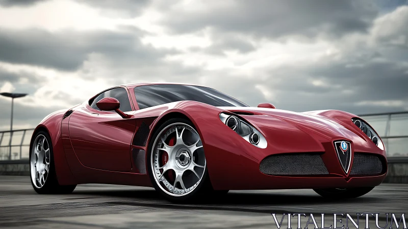 Red sports coupe is positioned on an outdoor paved surface