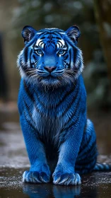 Blue tiger sits poised on wet ground with intense gaze.