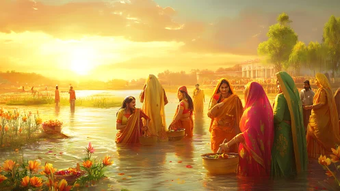 Golden riverside ritual with women in vibrant saris at dawn.
