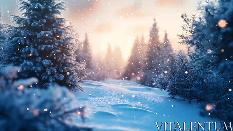 Sunlit snow forest glows softly under drifting winter flakes