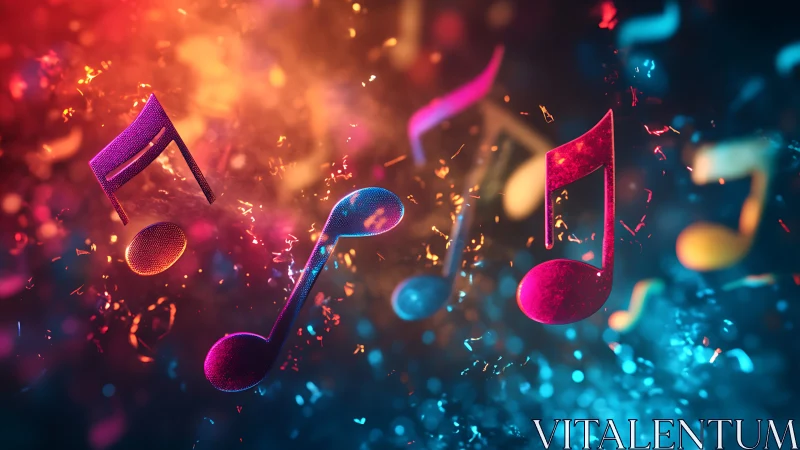 Floating musical notes appear across a vivid abstract background