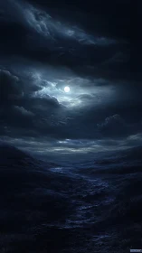 Moonlit storm clouds swirl above a dark, desolate valley.
