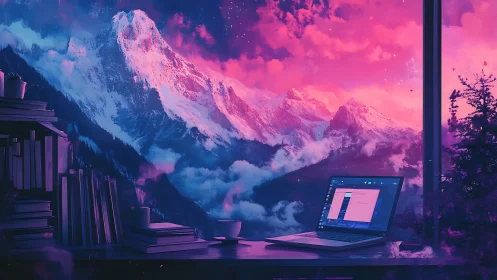 Laptop workspace facing vivid pink and blue mountain view.