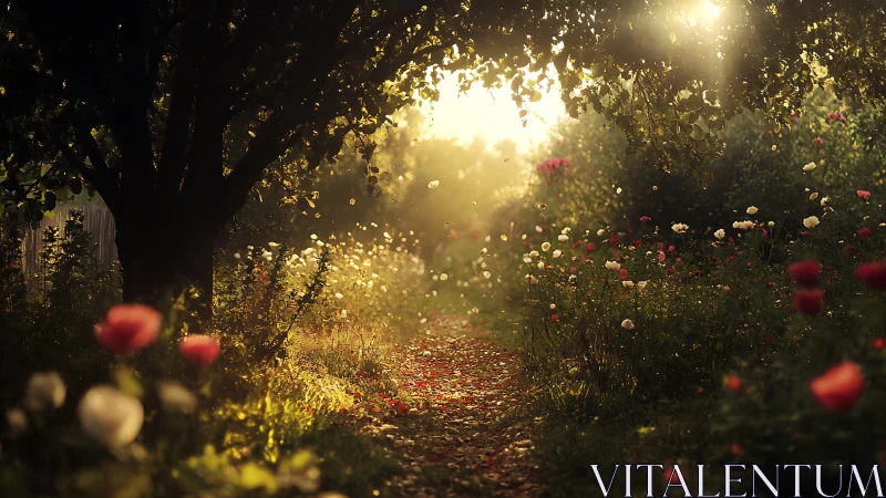 Backlit floral pathway under dense canopy with golden haze.