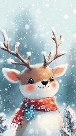 Snowy gift-toting reindeer cub wrapped in winter wonder.