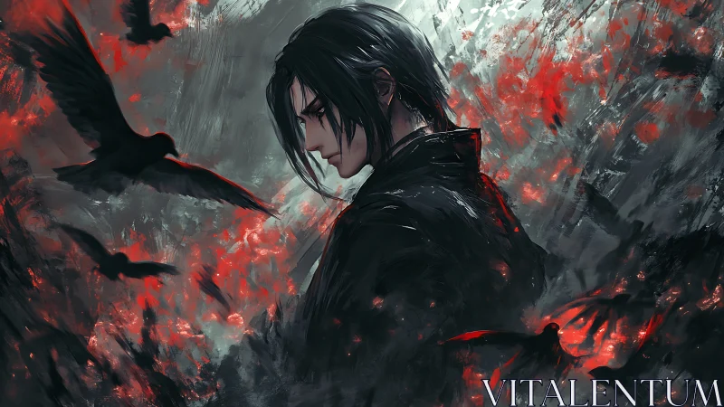 Brooding dark-haired warrior stands amid swirling black crows