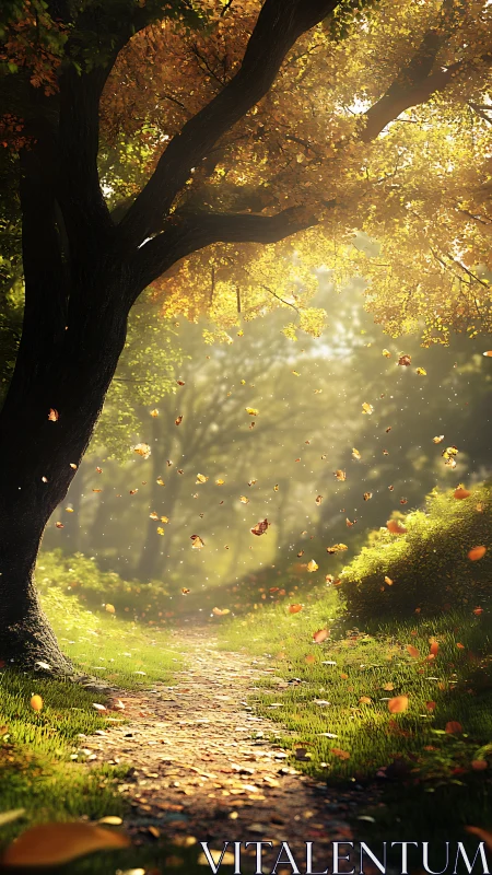 Golden Autumn Path Through Luminescent Tree Canopy.