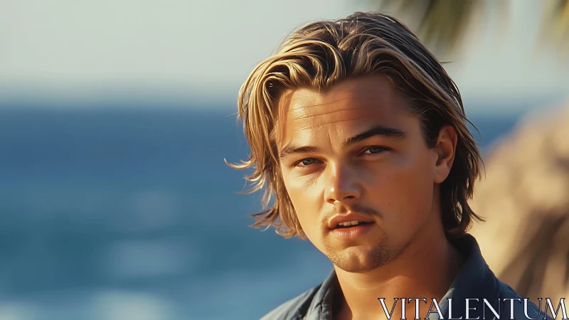 Young man with medium hair standing before ocean backdrop.