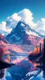 Peaceful mountain lake with glowing autumn colors at dusk.