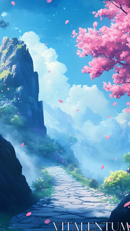 Blossom lined mountain path winds into serene blue skies
