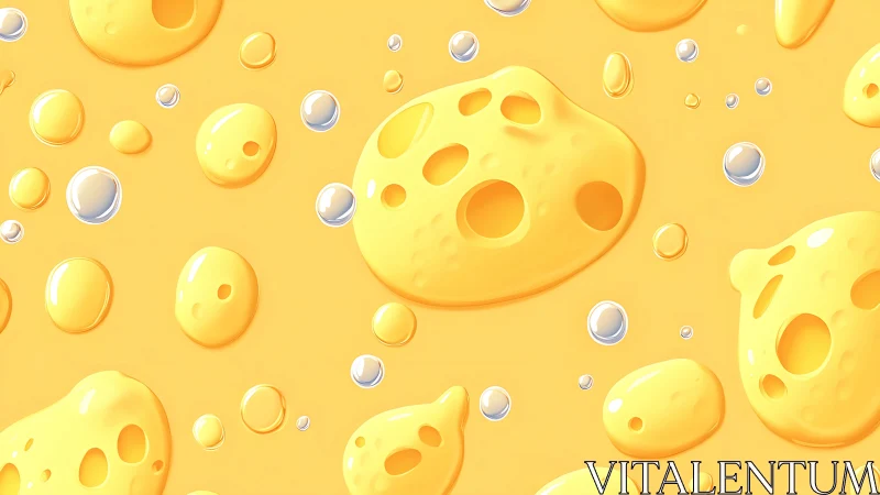 Cheese-like yellow blobs drift with glossy bubbles in space.